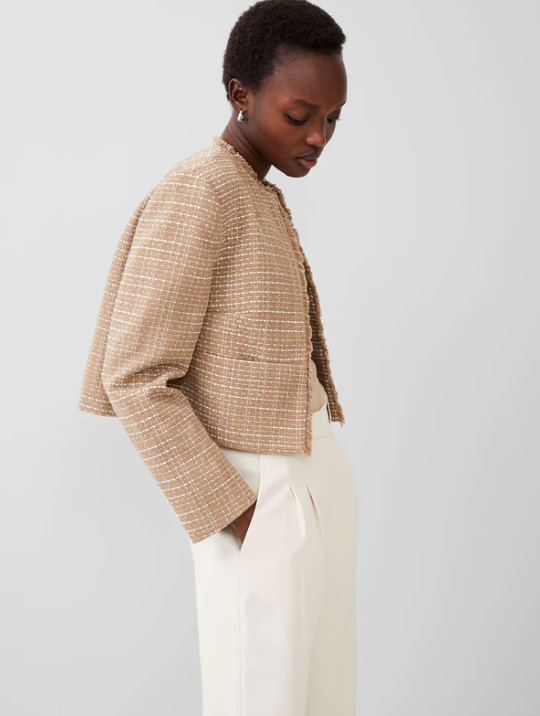 French Connection Effie Boucle Collarless Blazer Jacket in Cream and Camel