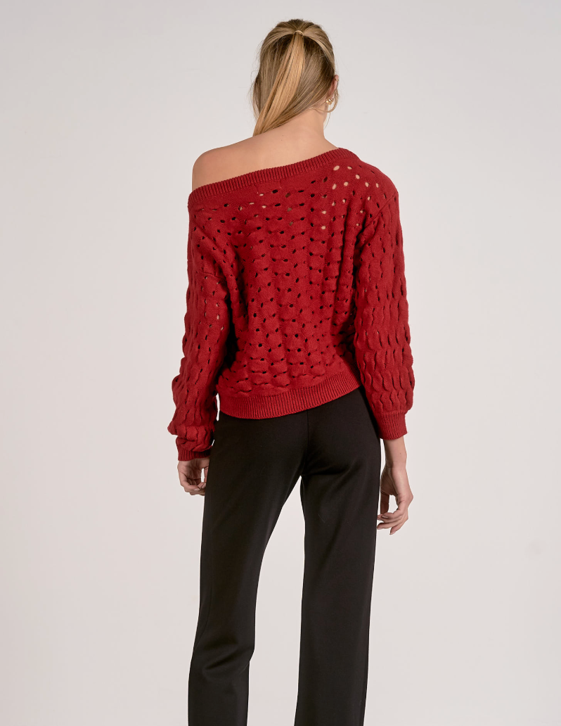 Adrienne Red Crochet Off the Shoulder Sweater