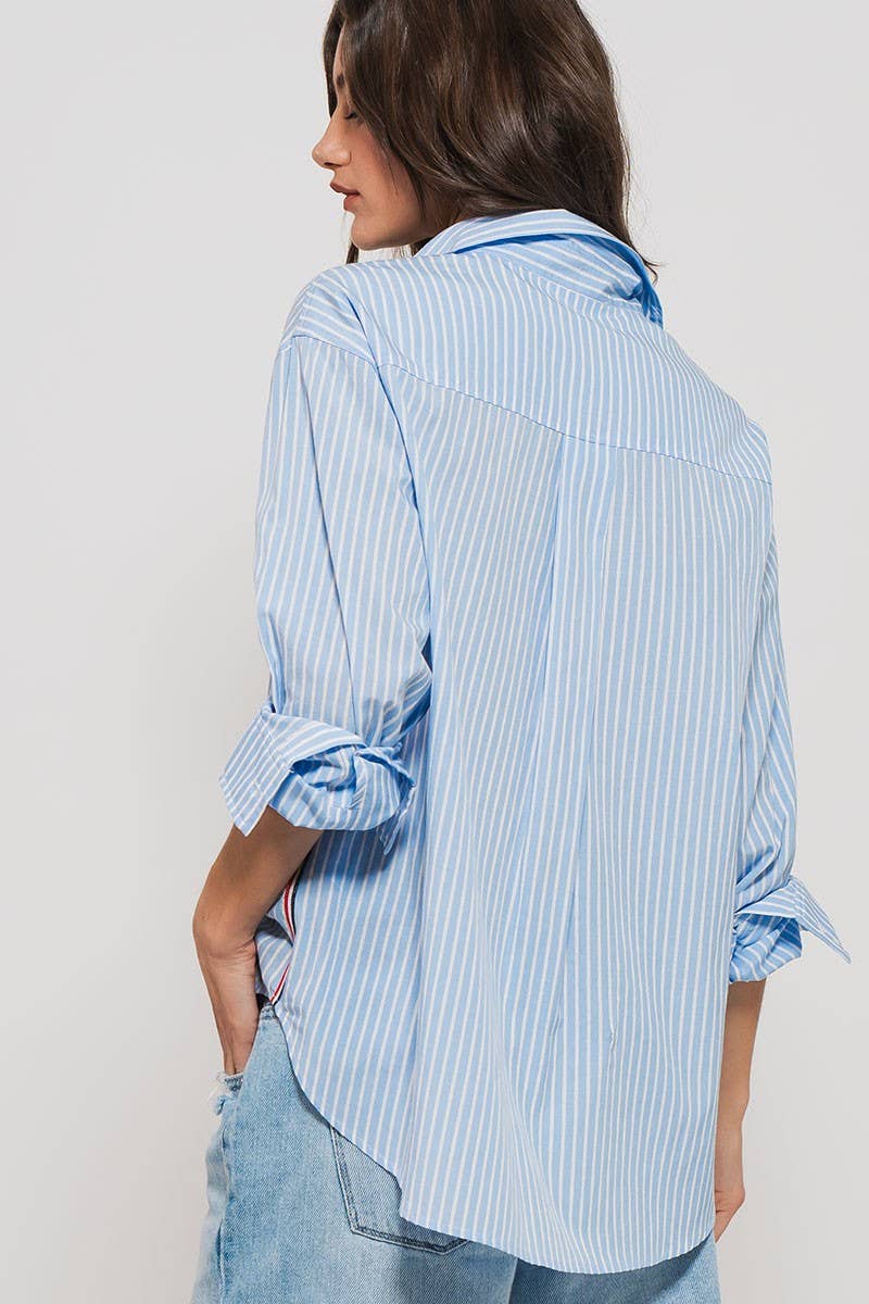 Urban Daizy - Striped Twill Tape Detail Statement Button Shirt