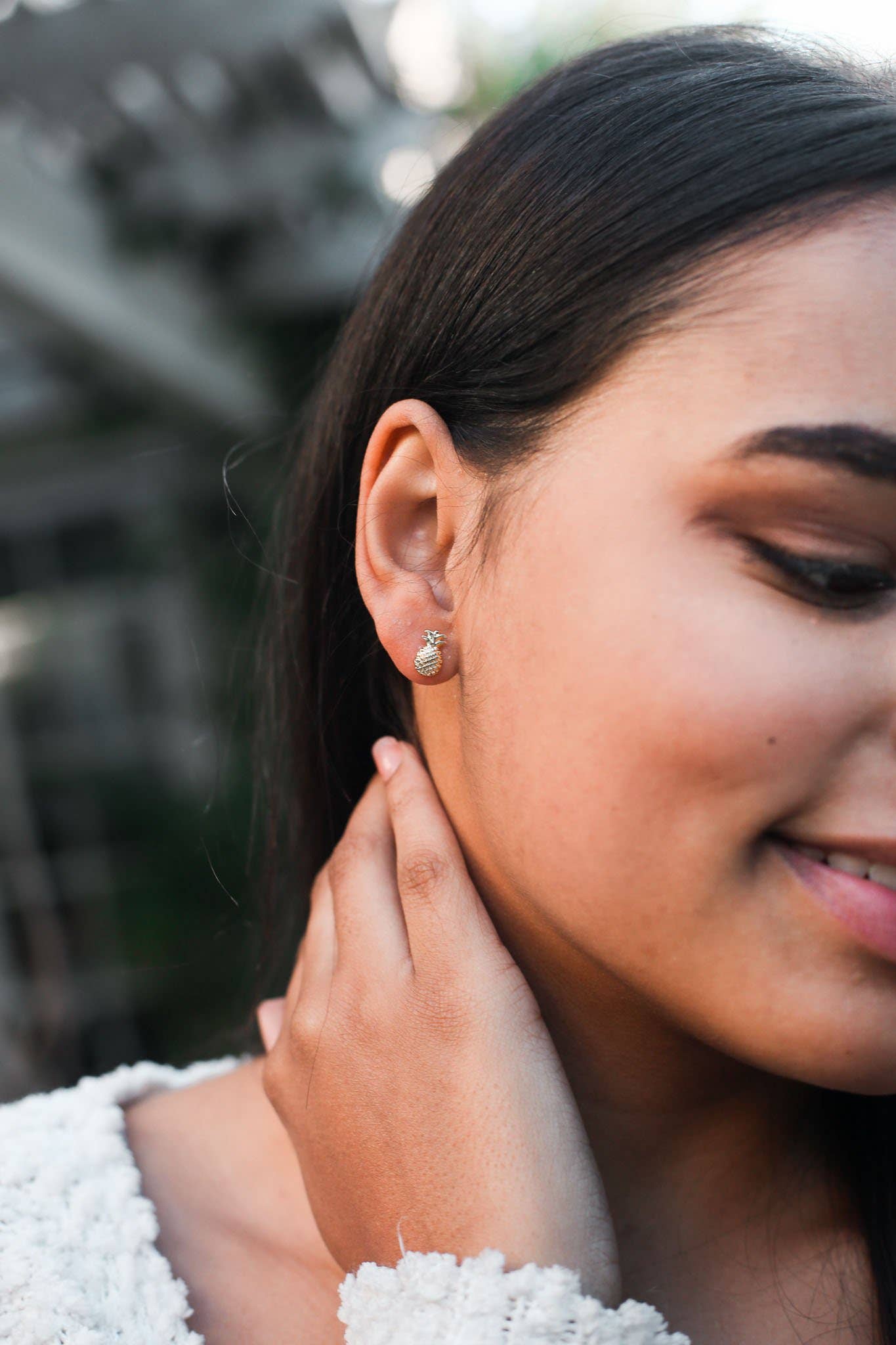 Lucky Feather New Moon Gold Stud Pineapple Earrings