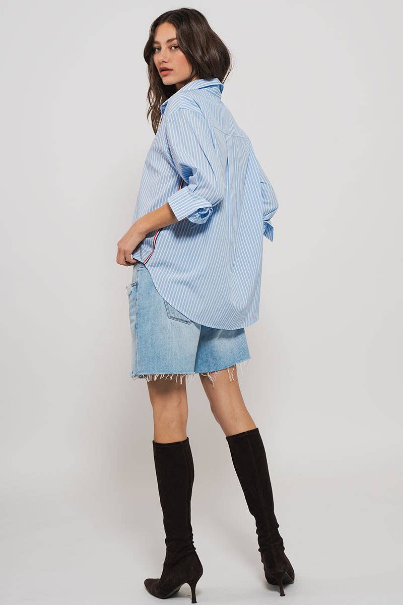 Urban Daizy - Striped Twill Tape Detail Statement Button Shirt