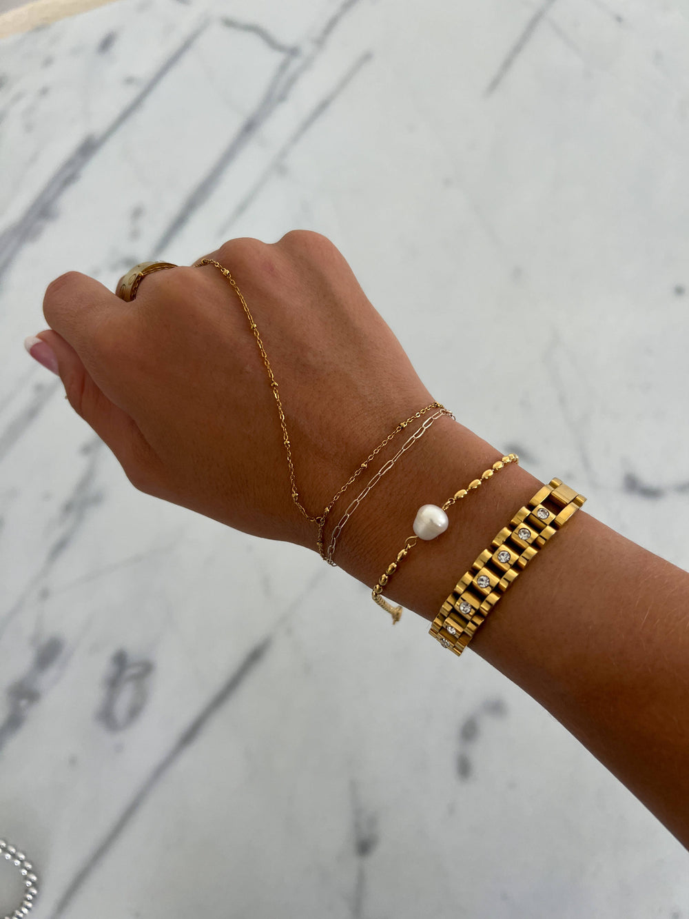 Gold Beaded Bracelet with Pearl accent