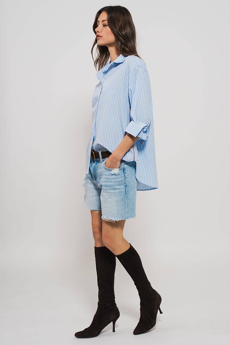 Urban Daizy - Striped Twill Tape Detail Statement Button Shirt