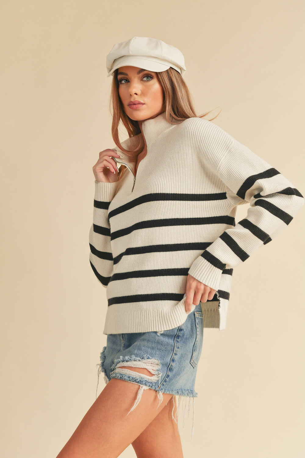 Daffie Striped Quarter Zip Sweater