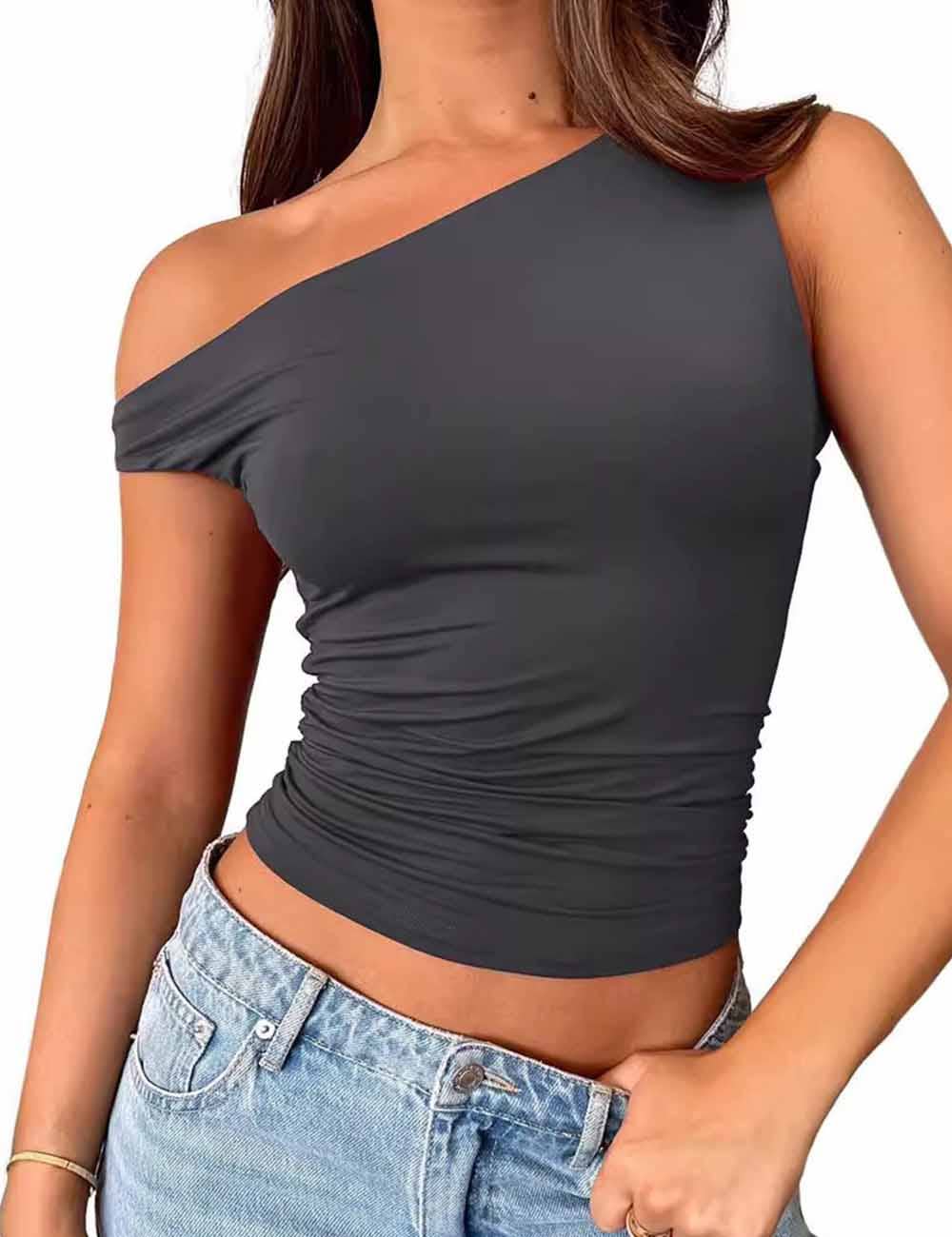 Grey Ruched One Shoulder Tank Top