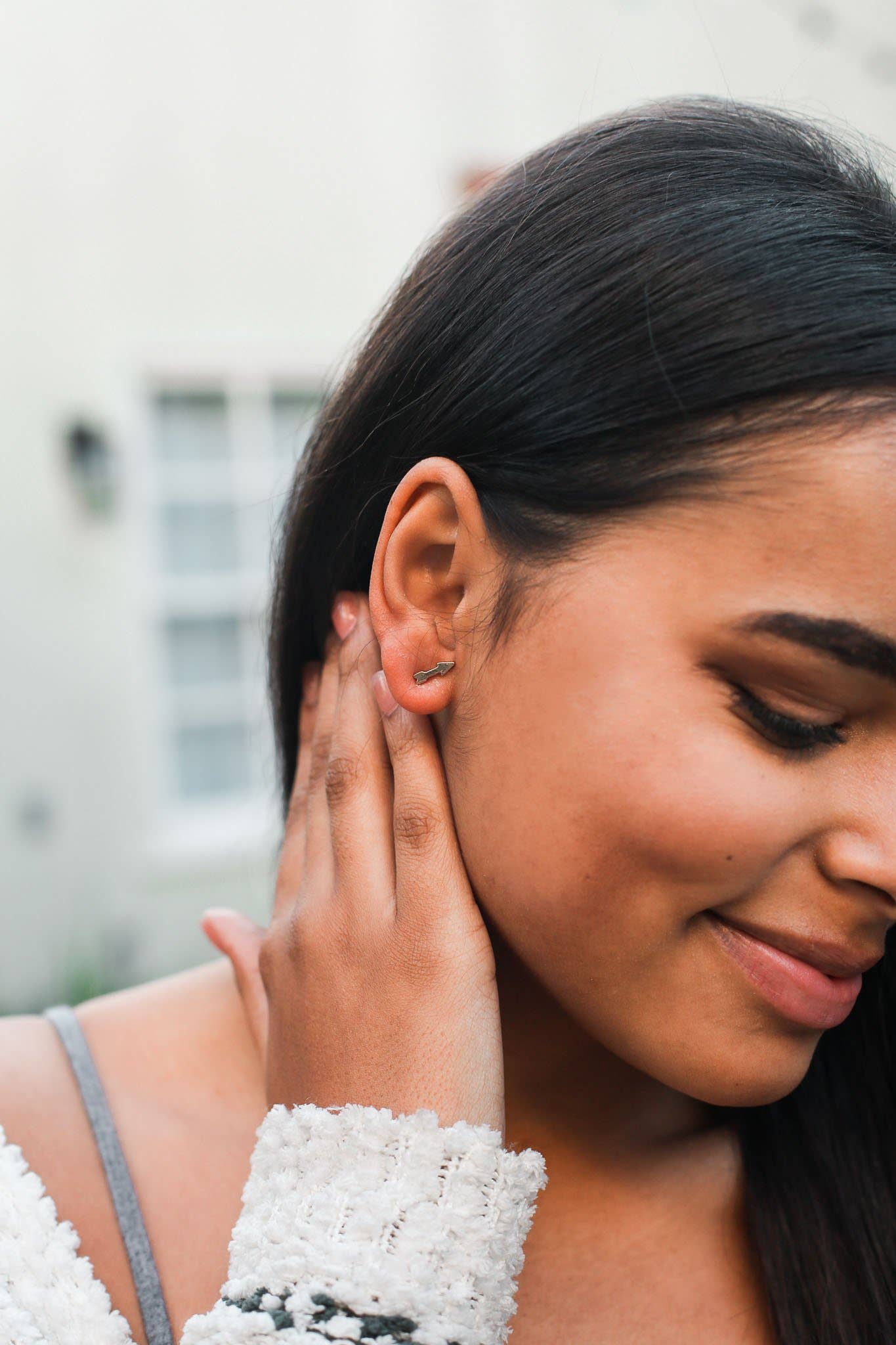 Lucky Feather New Moon Gold Arrow Stud Earrings
