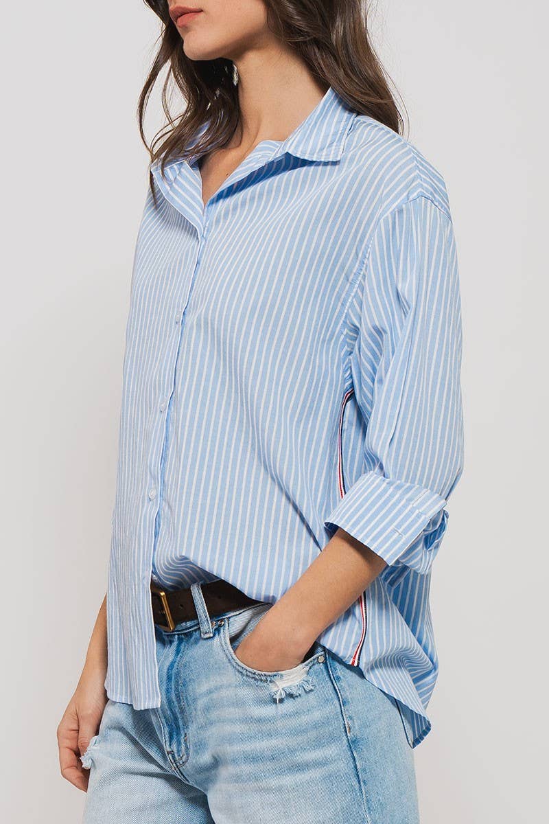 Urban Daizy - Striped Twill Tape Detail Statement Button Shirt