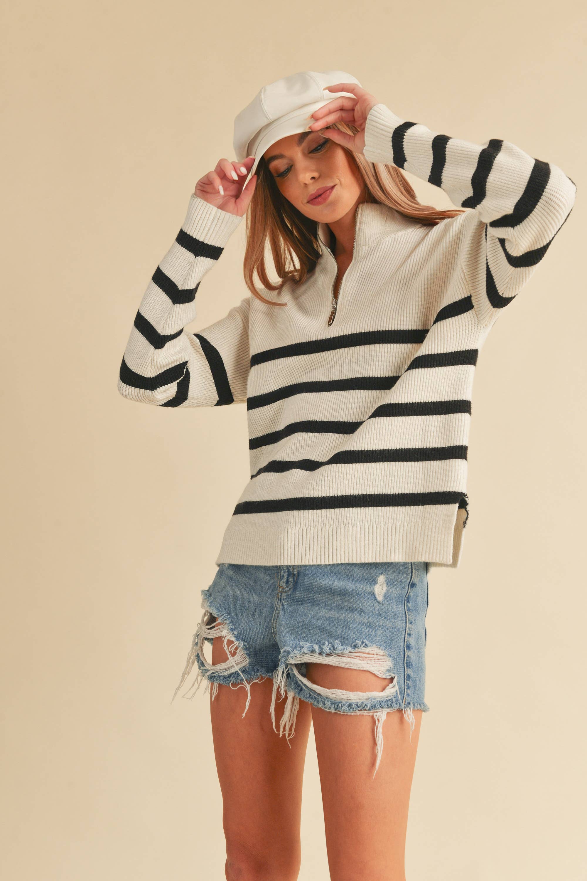 Daffie Striped Quarter Zip Sweater