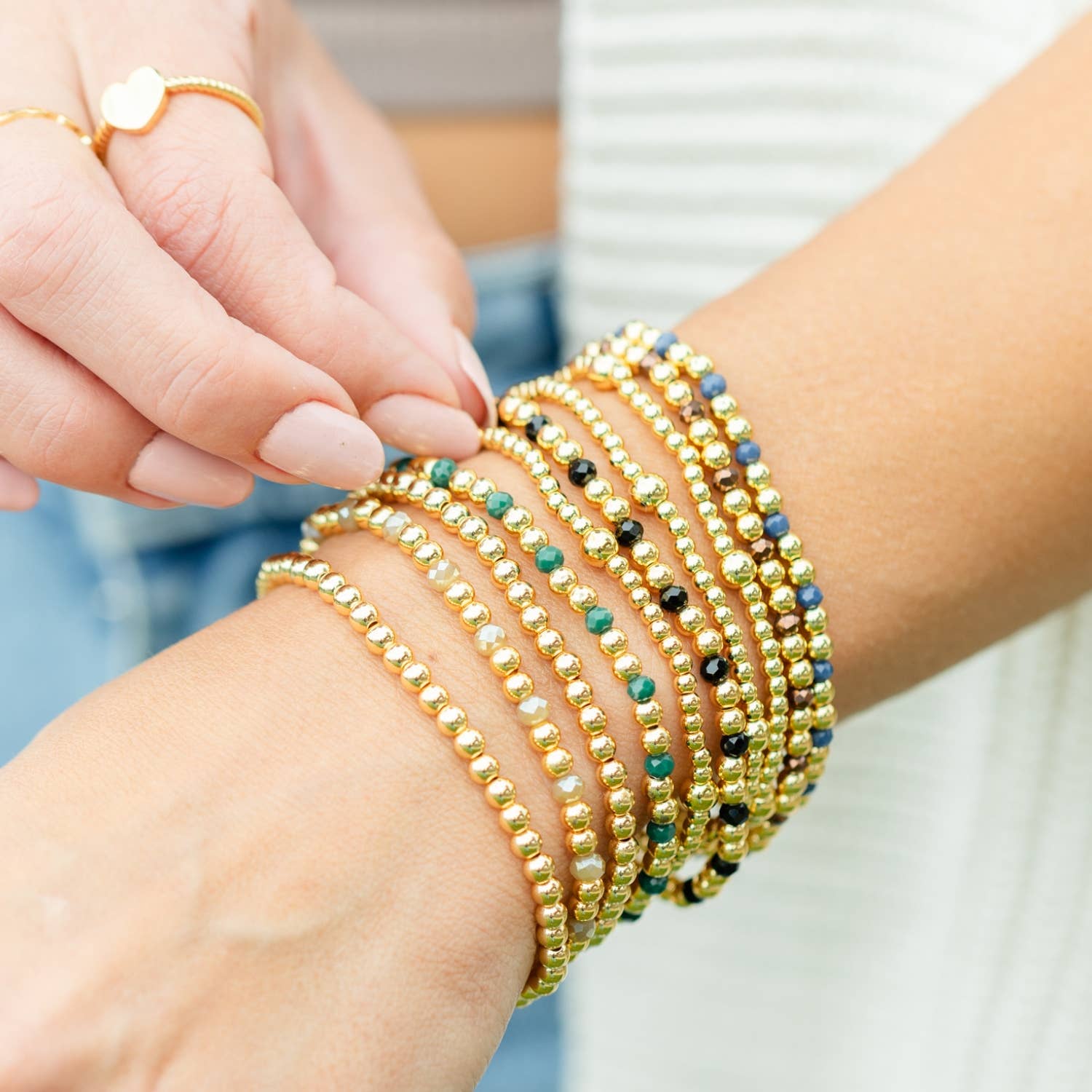 3mm Gold Beaded Stretch Bracelet with 5mm Accent Gold Beads