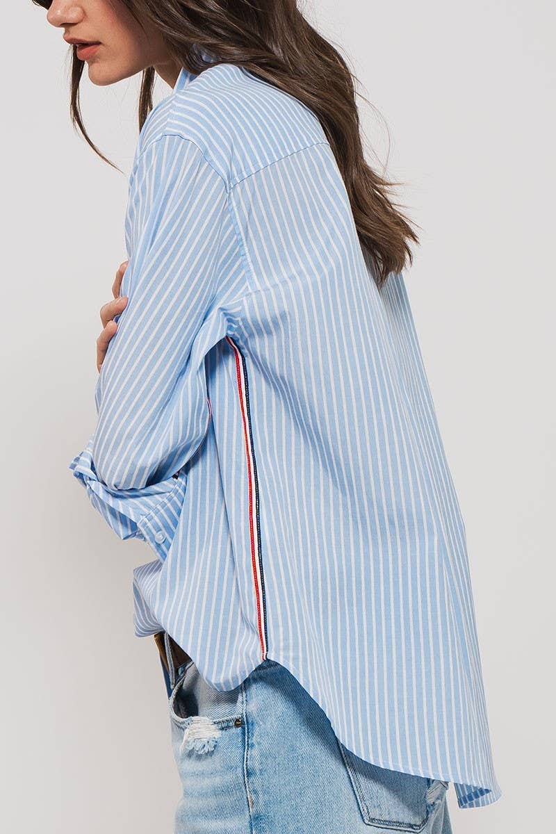 Urban Daizy - Striped Twill Tape Detail Statement Button Shirt