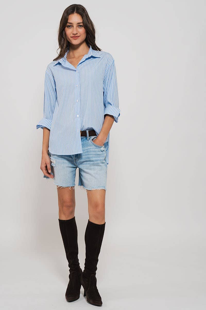 Urban Daizy - Striped Twill Tape Detail Statement Button Shirt