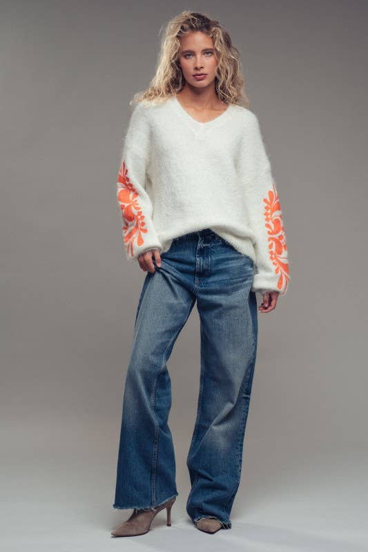 Urban Daizy - Floral Sleeve Fuzzy Knit Sweater