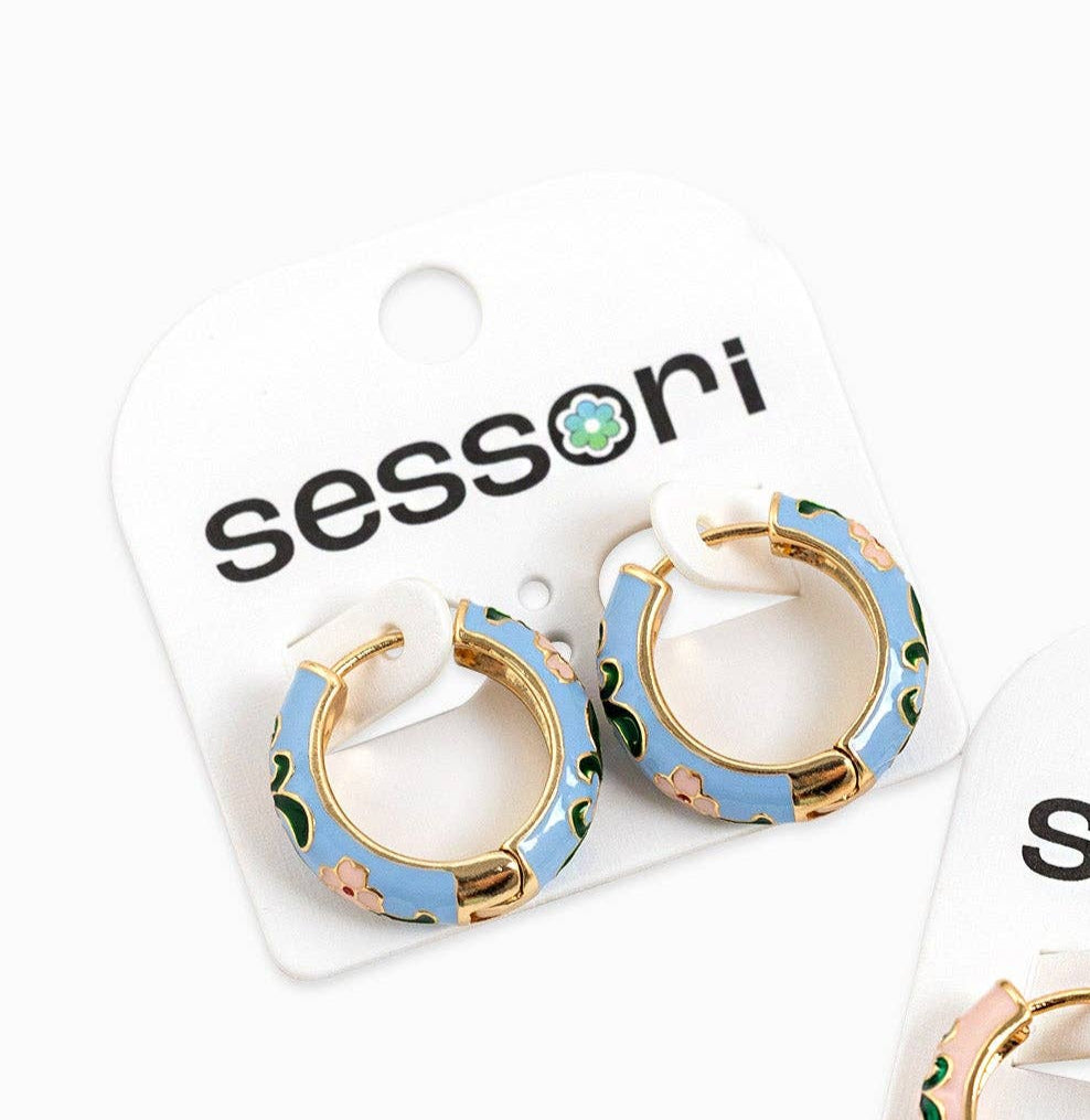Vintage Colorful Floral Enamel Huggie Hoop Earrings