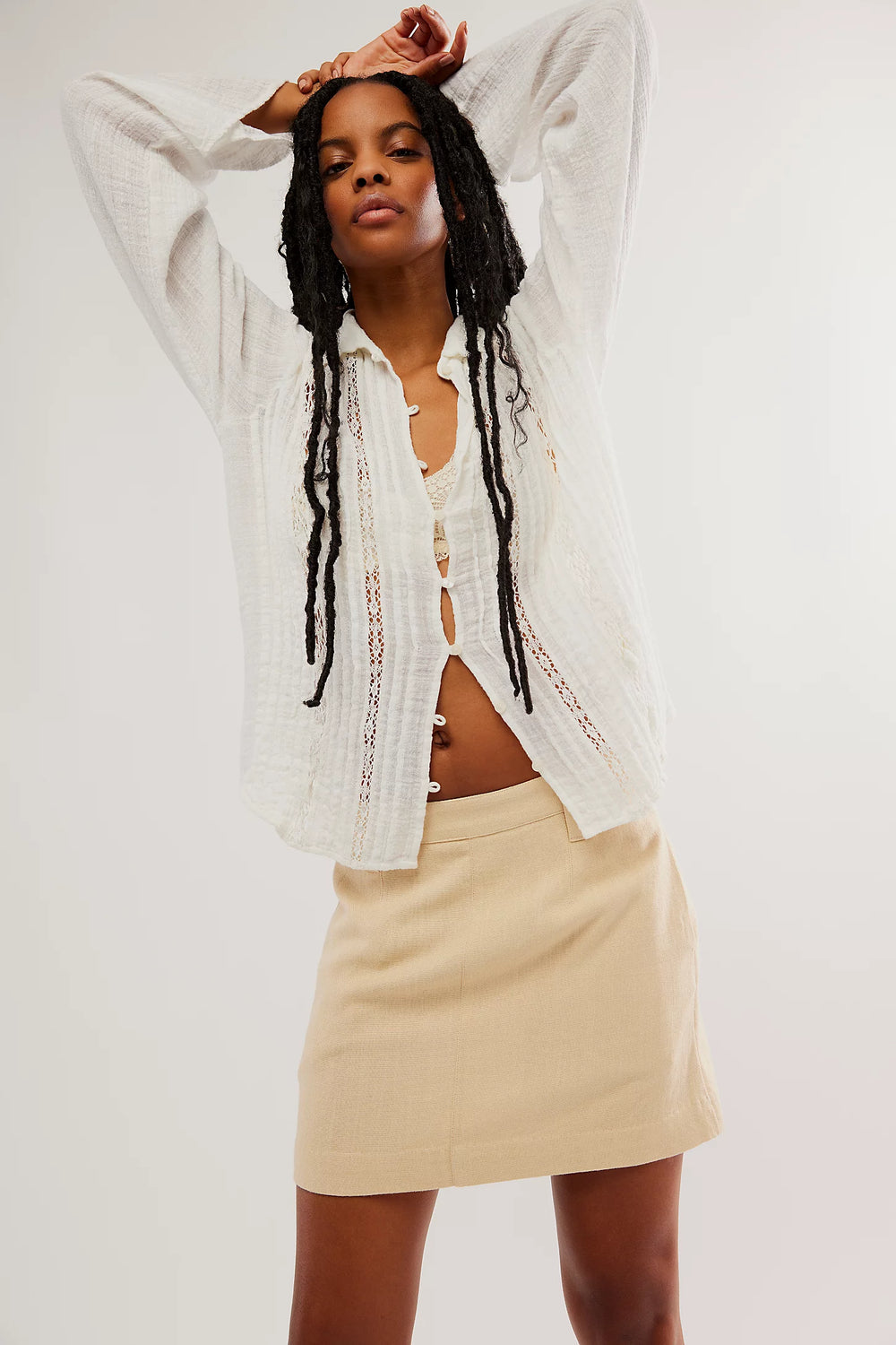 Free People Can't Blame Me Linen Mini Skirt in Bleached Sand