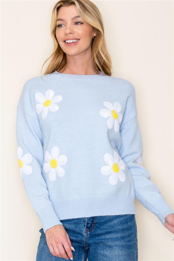 Skyblue Sequin Daisy Crewneck Sweater