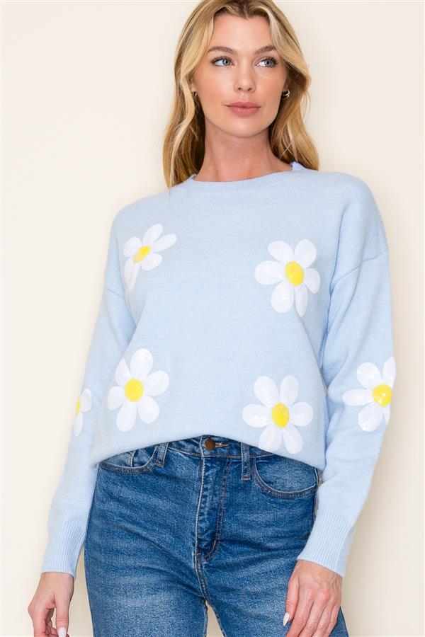 Skyblue Sequin Daisy Crewneck Sweater