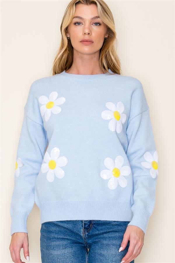 Skyblue Sequin Daisy Crewneck Sweater