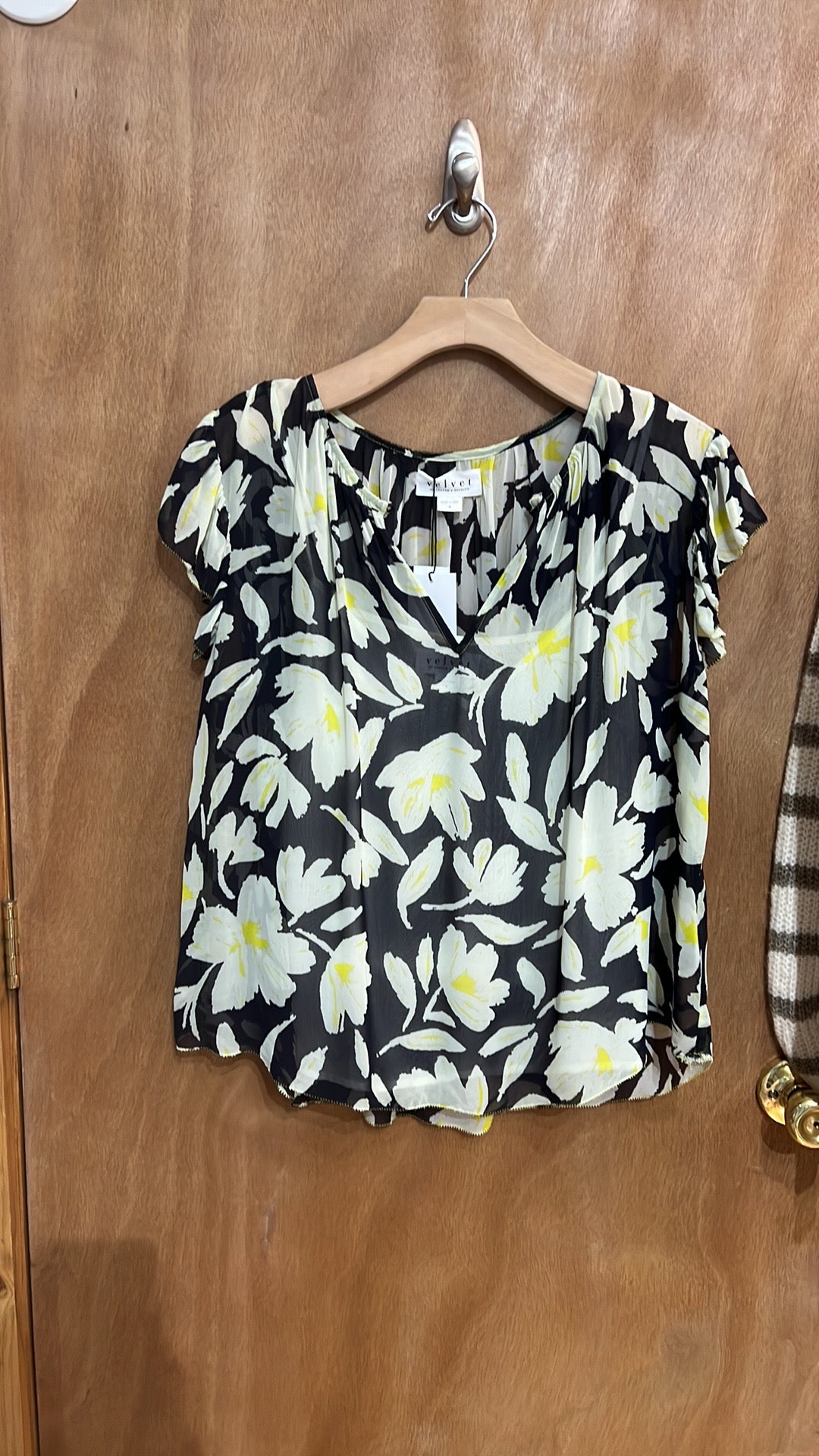 Small Navy and Lime Green Velvet by Graham & Spencer Sheer Floral Lucia Cap Sleeve blouse with Removable Cami