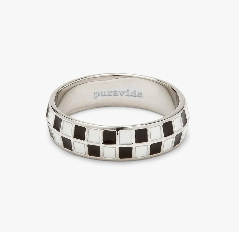 Silver Black and White Puravida Checkerboard Ring