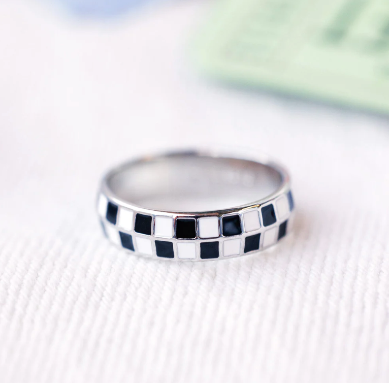 Silver Black and White Puravida Checkerboard Ring