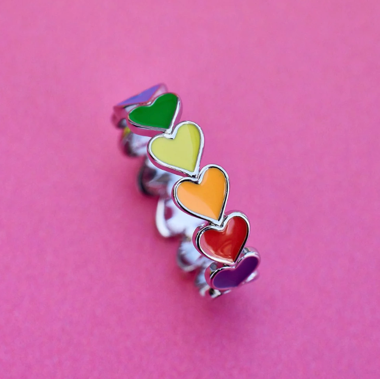Puravida Rainbow Hearts LGBTQ Silver Band Ring