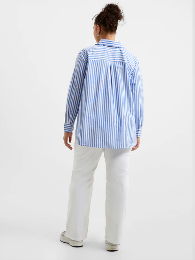 French Connection Oversized Thick Blue and White Striped Relaxed Popover Collared Cotton Long Sleeve Shirt