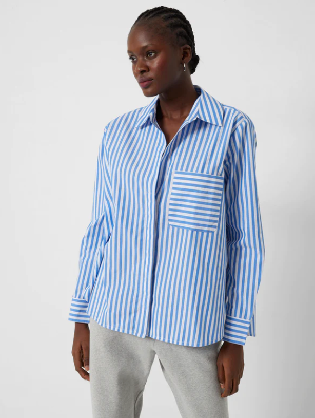 French Connection Oversized Thick Blue and White Striped Relaxed Popover Collared Cotton Long Sleeve Shirt