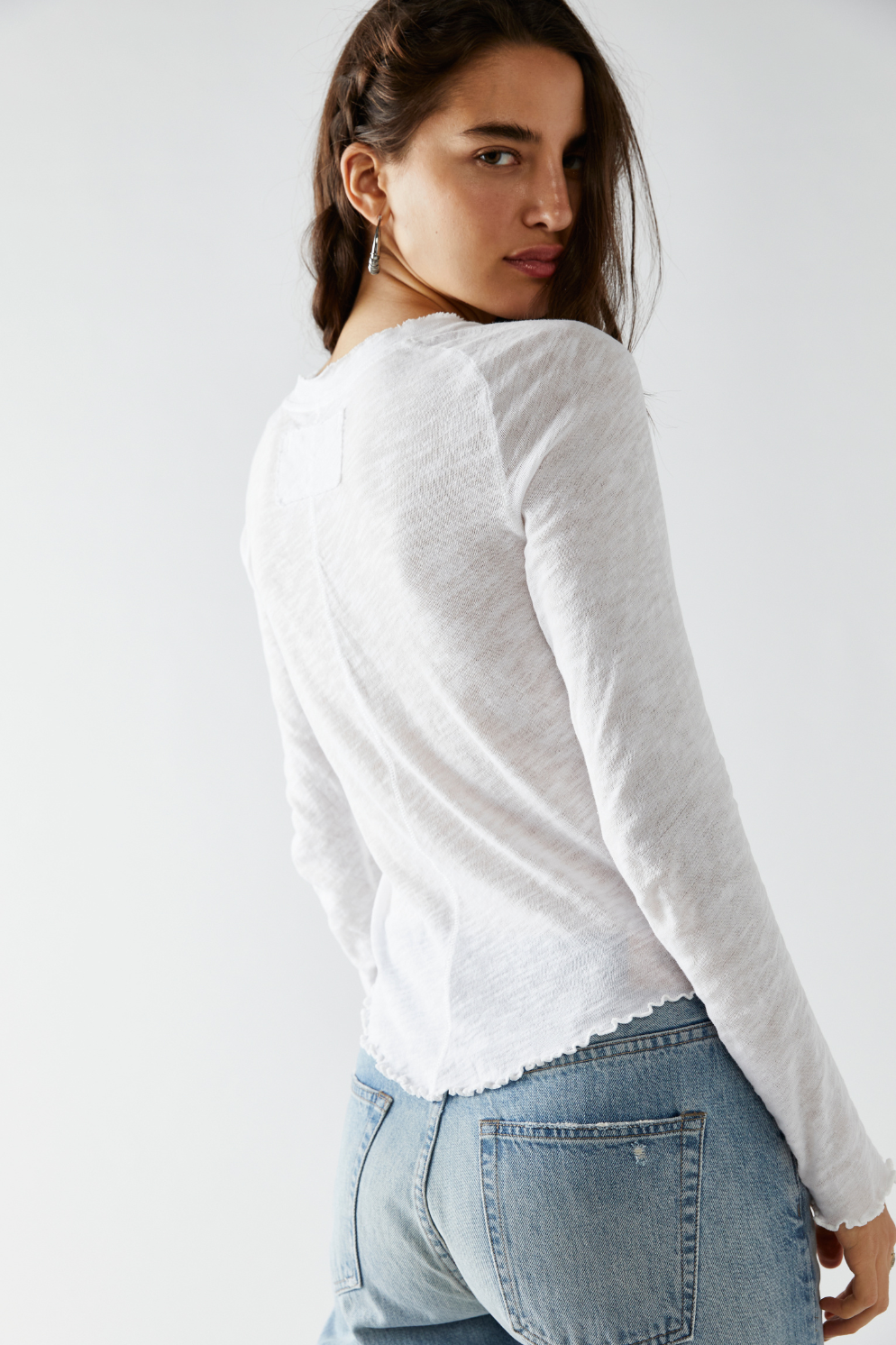 Free People Lettuce Edge White Cotton Be My Baby Long Sleeve Top