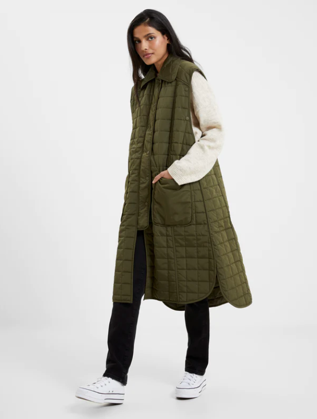 French Connection Aris Quilted Army Green Long Convertible Coat Vest