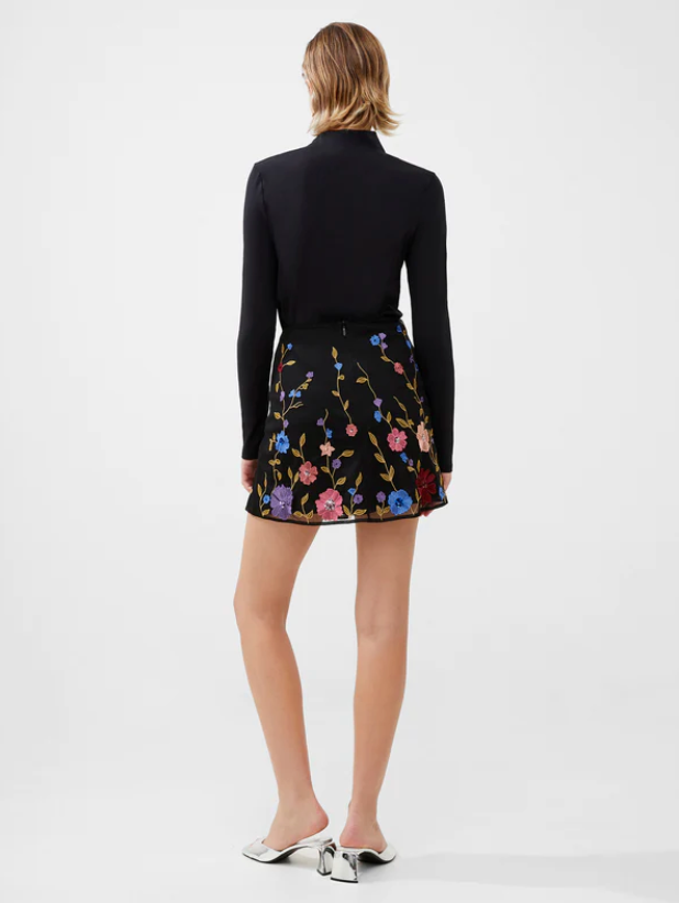 French Connection Floral Embroidered, sequin embellished, Black Astrida Mini Skirt