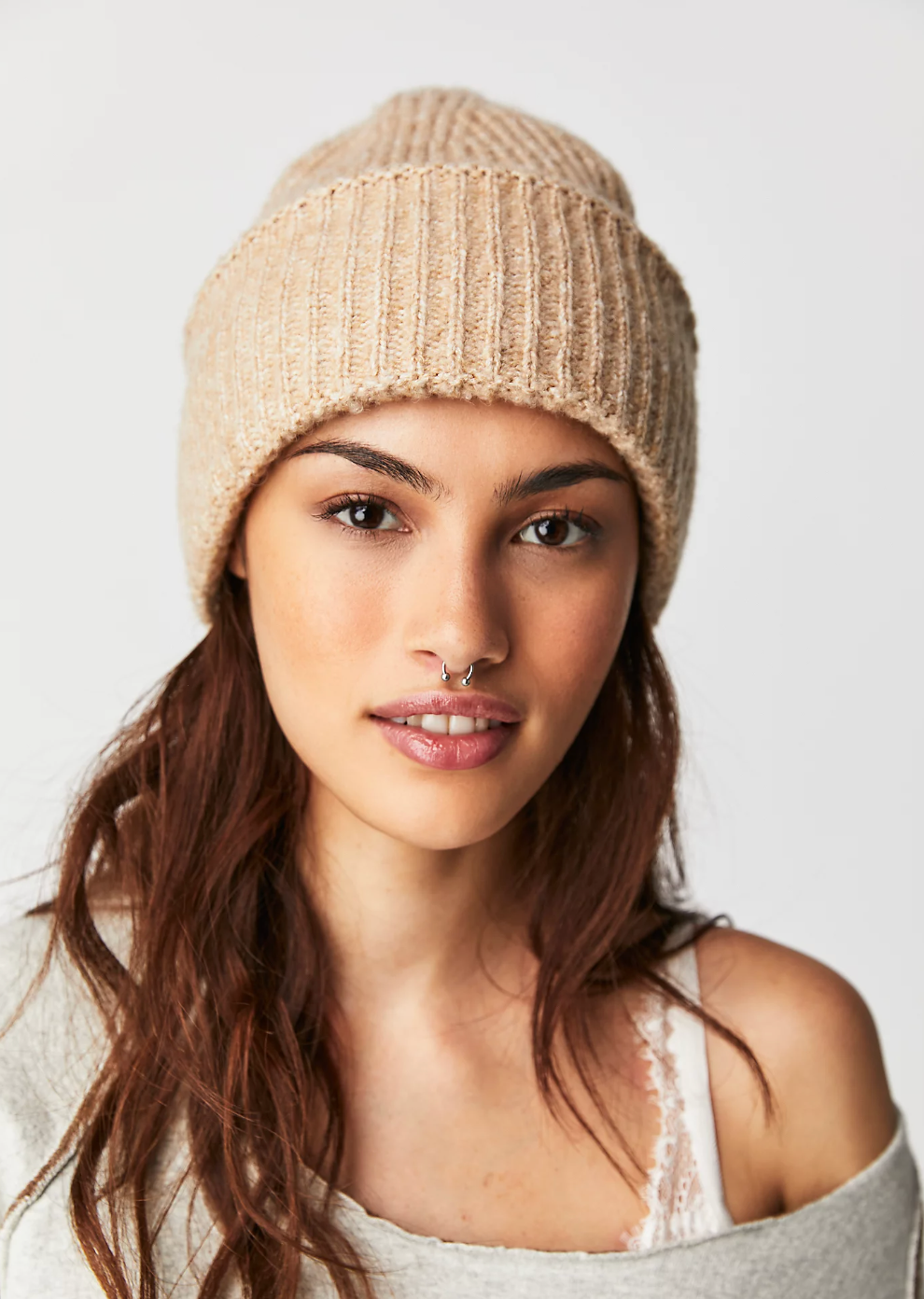 Free People Stretch Knit Harbor Marled Ribbed Beanie Winter Hat