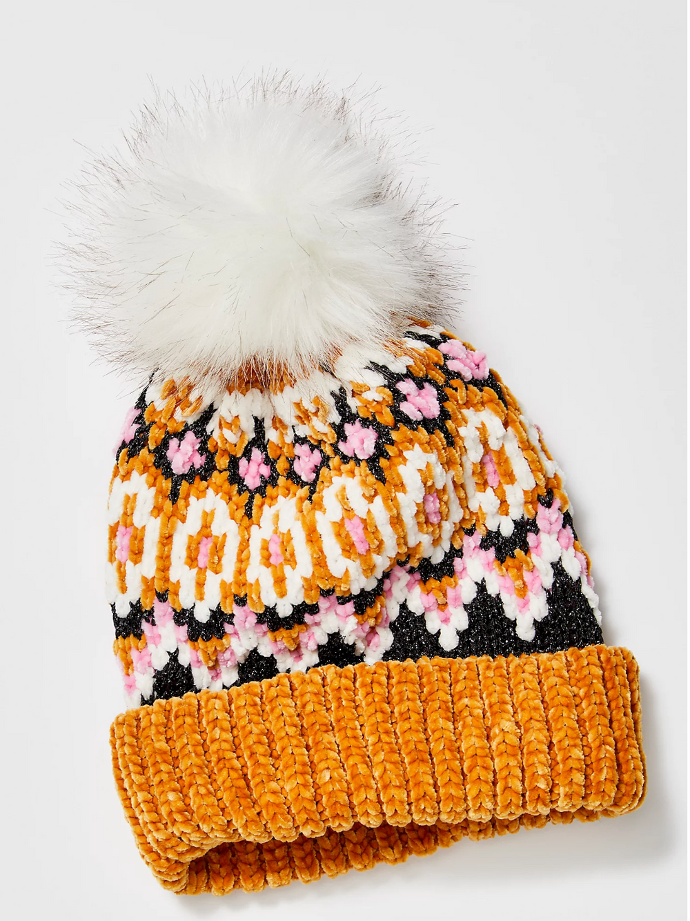 Free People CHALET FAIRISLE hand knit Winter Snow Hat beanie with pom pom Mustard and Black