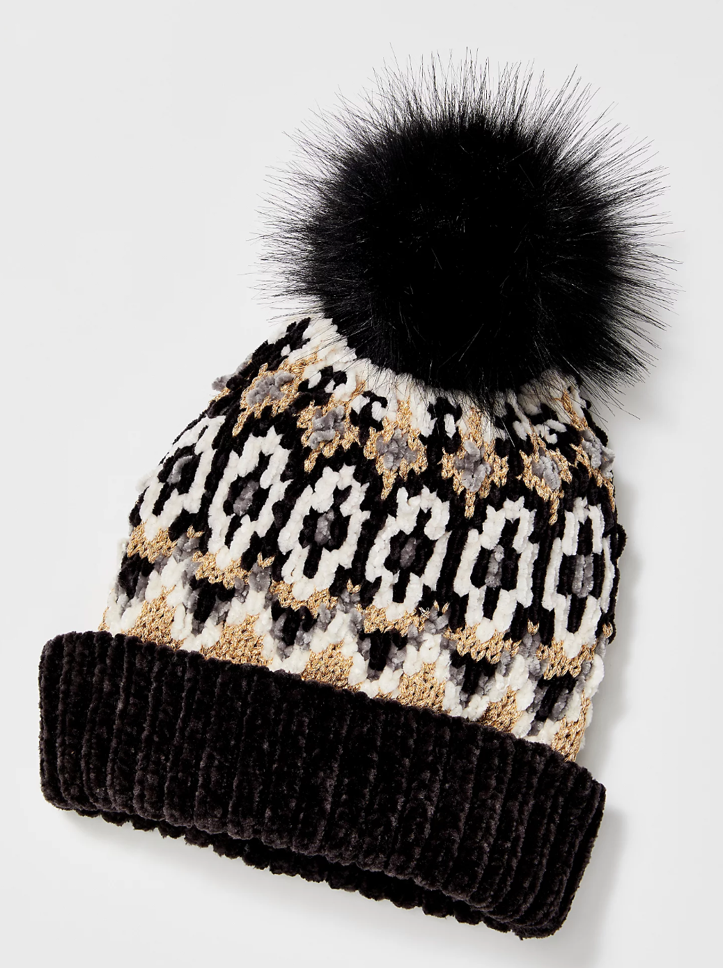 Free People CHALET FAIRISLE hand knit Winter Snow Hat beanie with pom pom Mustard and Black