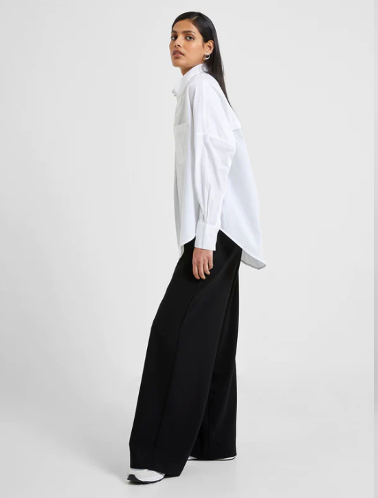 French Connection Oversized White Cotton Rhodes Button Back Long Sleeve Poplin Popover Shirt