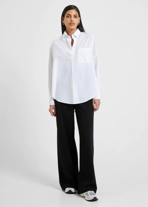 French Connection Oversized White Cotton Rhodes Button Back Long Sleeve Poplin Popover Shirt