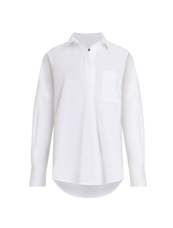 French Connection Oversized White Cotton Rhodes Button Back Long Sleeve Poplin Popover Shirt