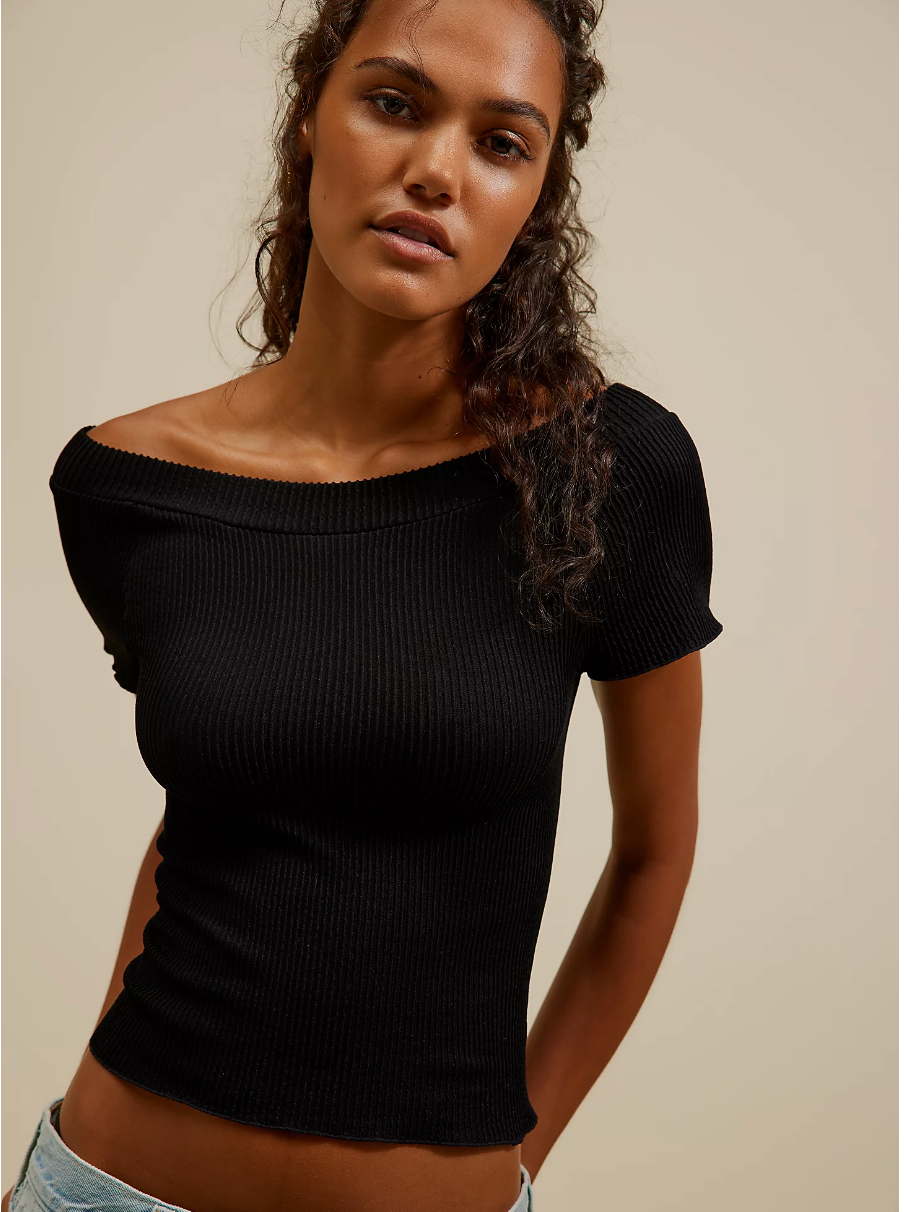Free People Seamless Off the Shoulder Ribbed short sleeve tee in black