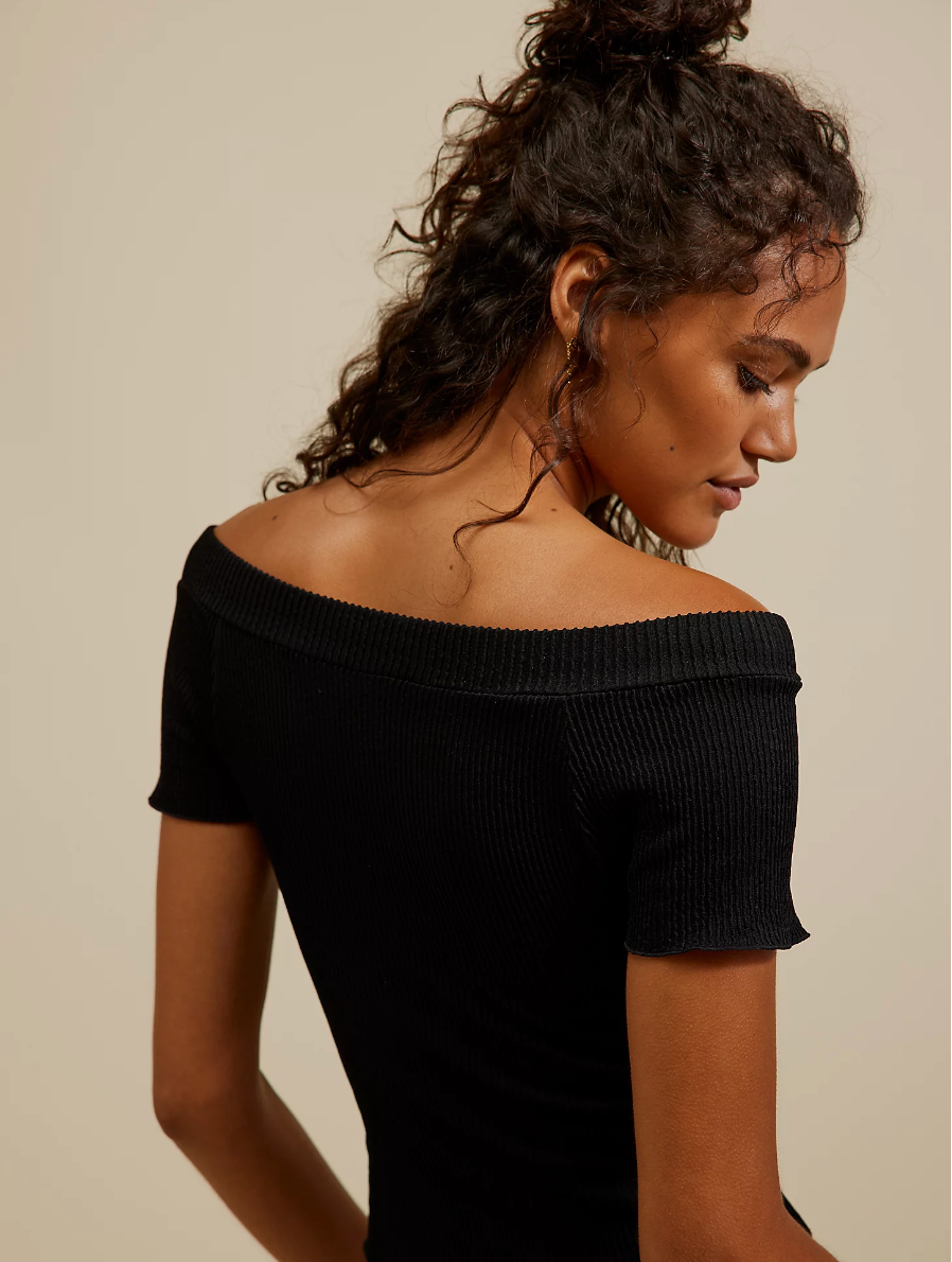 Free People Seamless Off the Shoulder Ribbed short sleeve tee in black