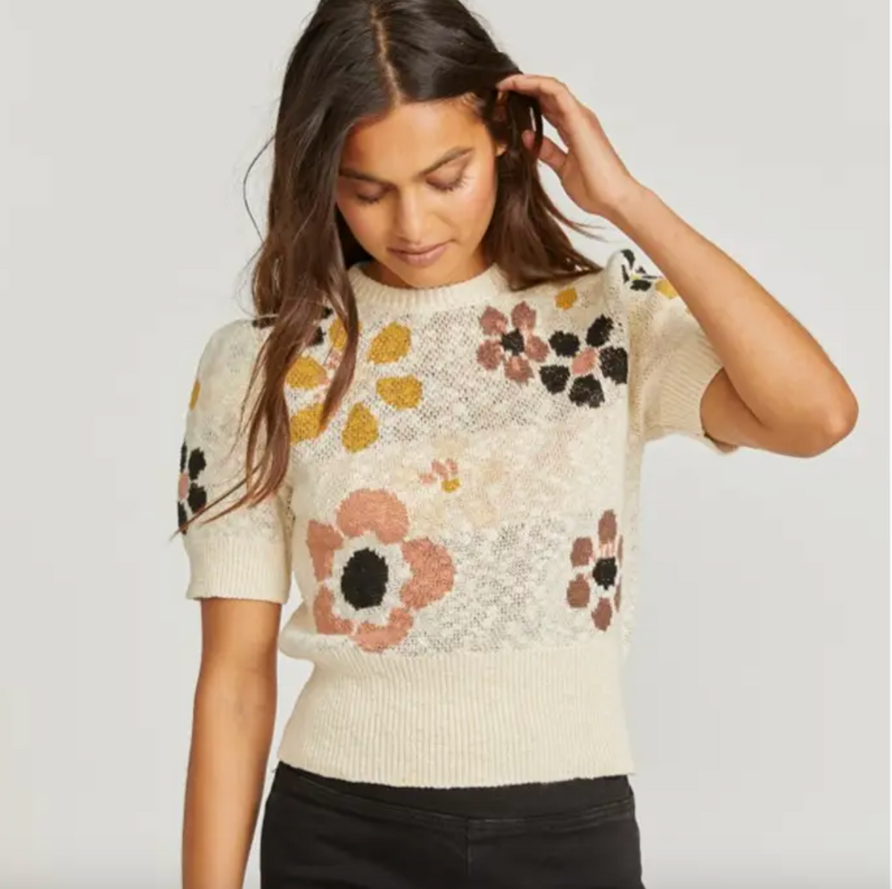 Driftwood Short Sleeve Floral Intersia Sweater