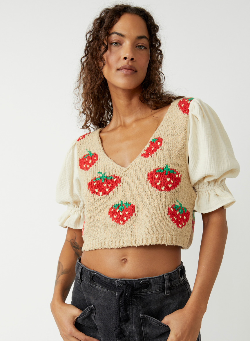Free People Short Sleeve Strawberry Jam Sweater