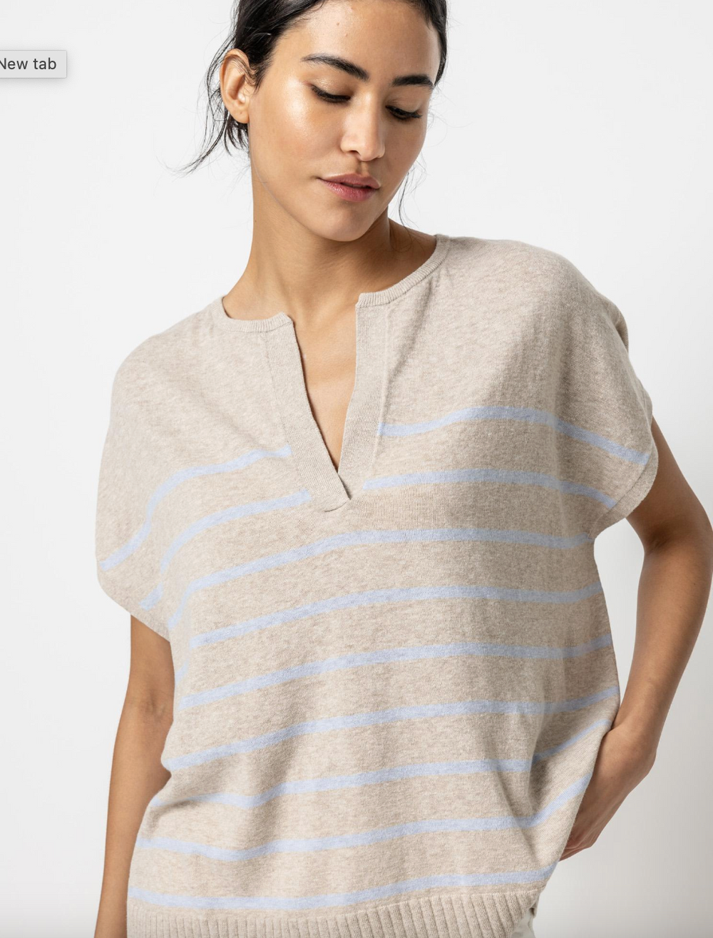 Lilla P Striped Split Neck Tunic Linen Cotton Blend Sweater