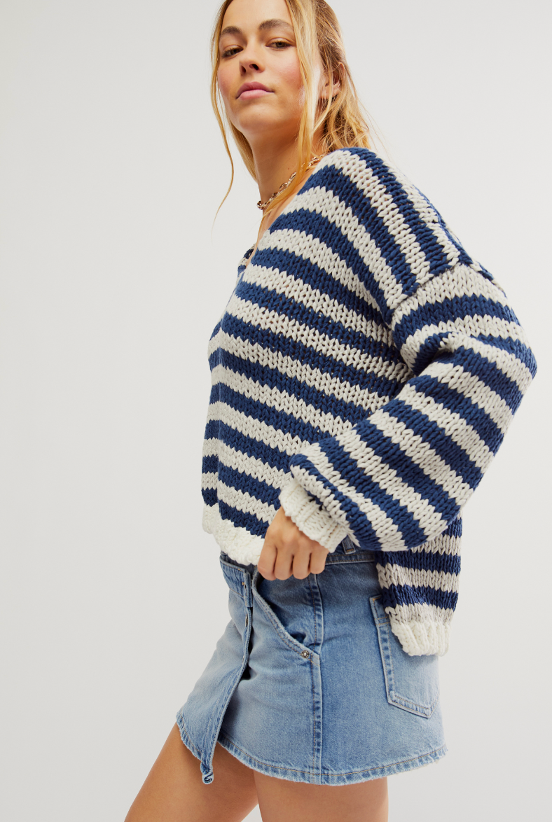 Free People Striped Portland Pullover Sweater in Denim Island Combo