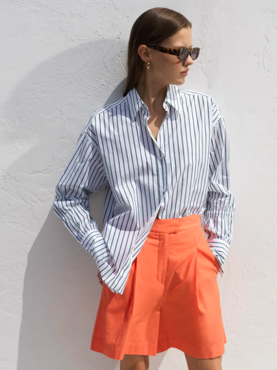French Connection Rhodes Poplin Sleeve Detail Striped Button down Shirt