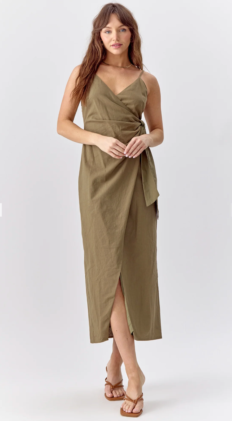 Greylin Aniston Linen Wrap Side Tie Slip Dress