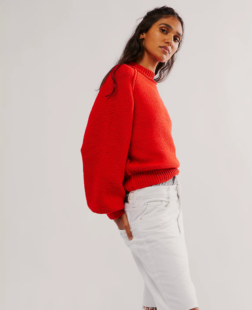 Free People Riley Pullover Red Cotton Crewneck Sweater