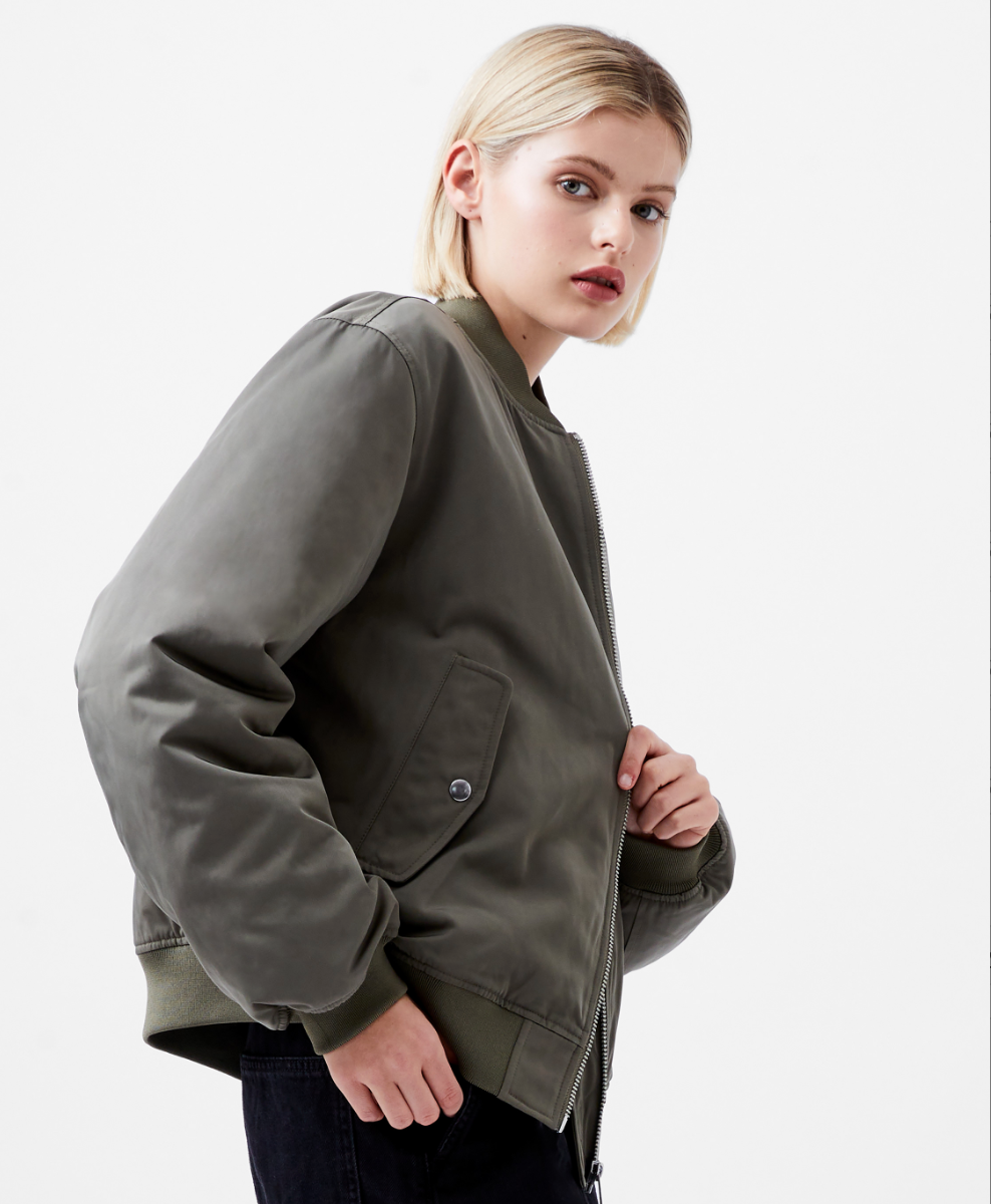 French Connection Behati Bomber Jacket in Military Green