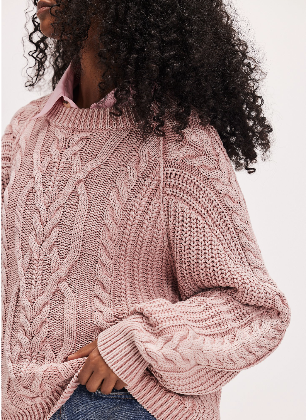 Free People Frankie Cable Knit Cotton Crewneck Sweater