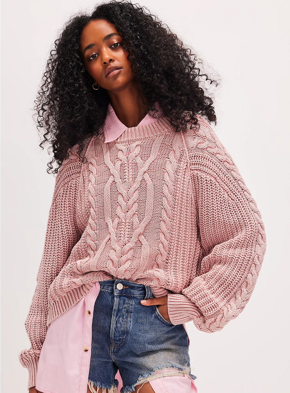 Free People Frankie Cable Knit Cotton Crewneck Sweater