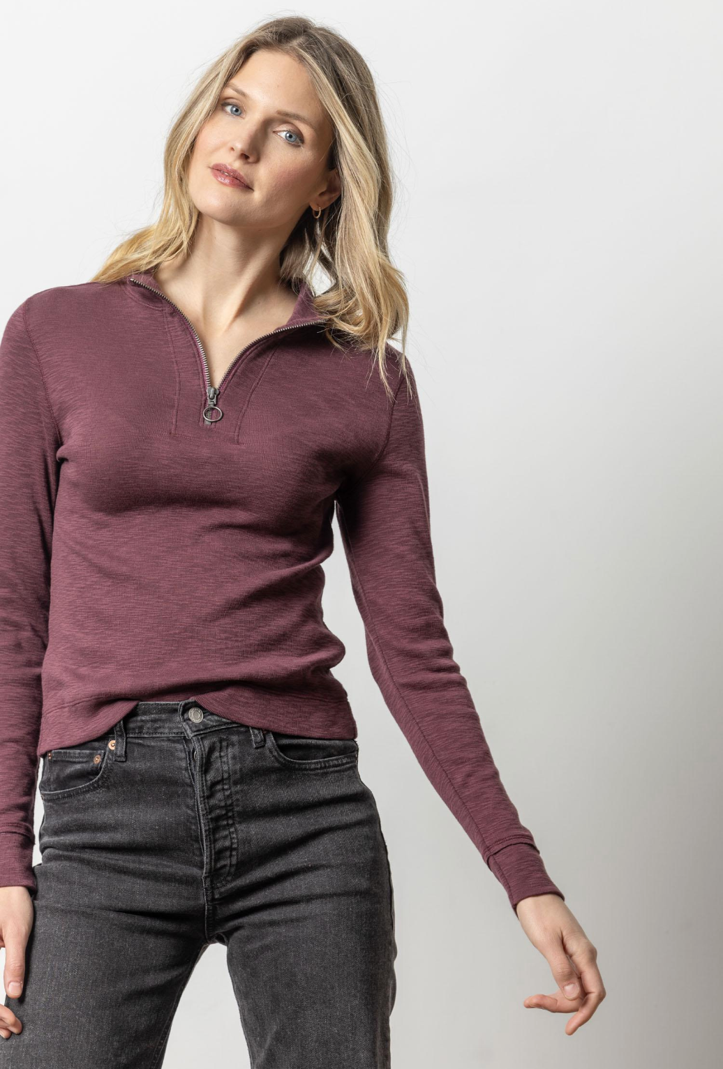 Lilla P Zip Front Mock Neck Long Sleeve Tee