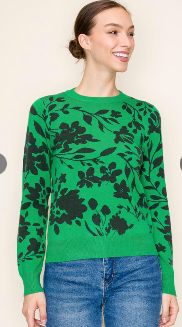 Green Jaquard Flloral Crewneck Sweater